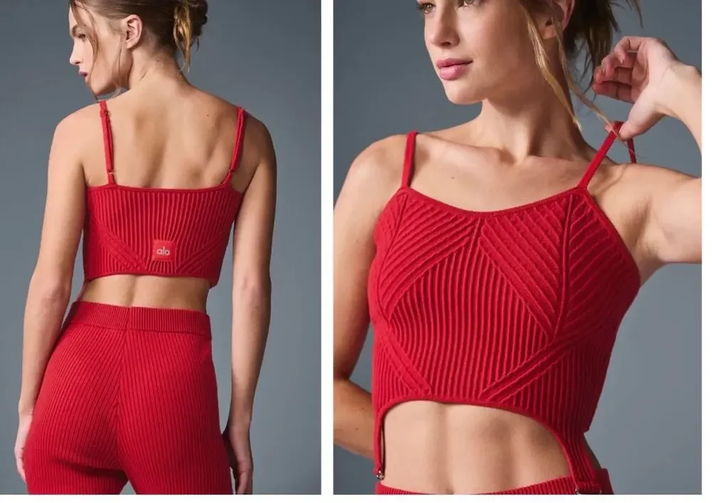 $118 alo yoga DENIM KNIT GARTER TANK in Bold Red .orig$118 Size XS